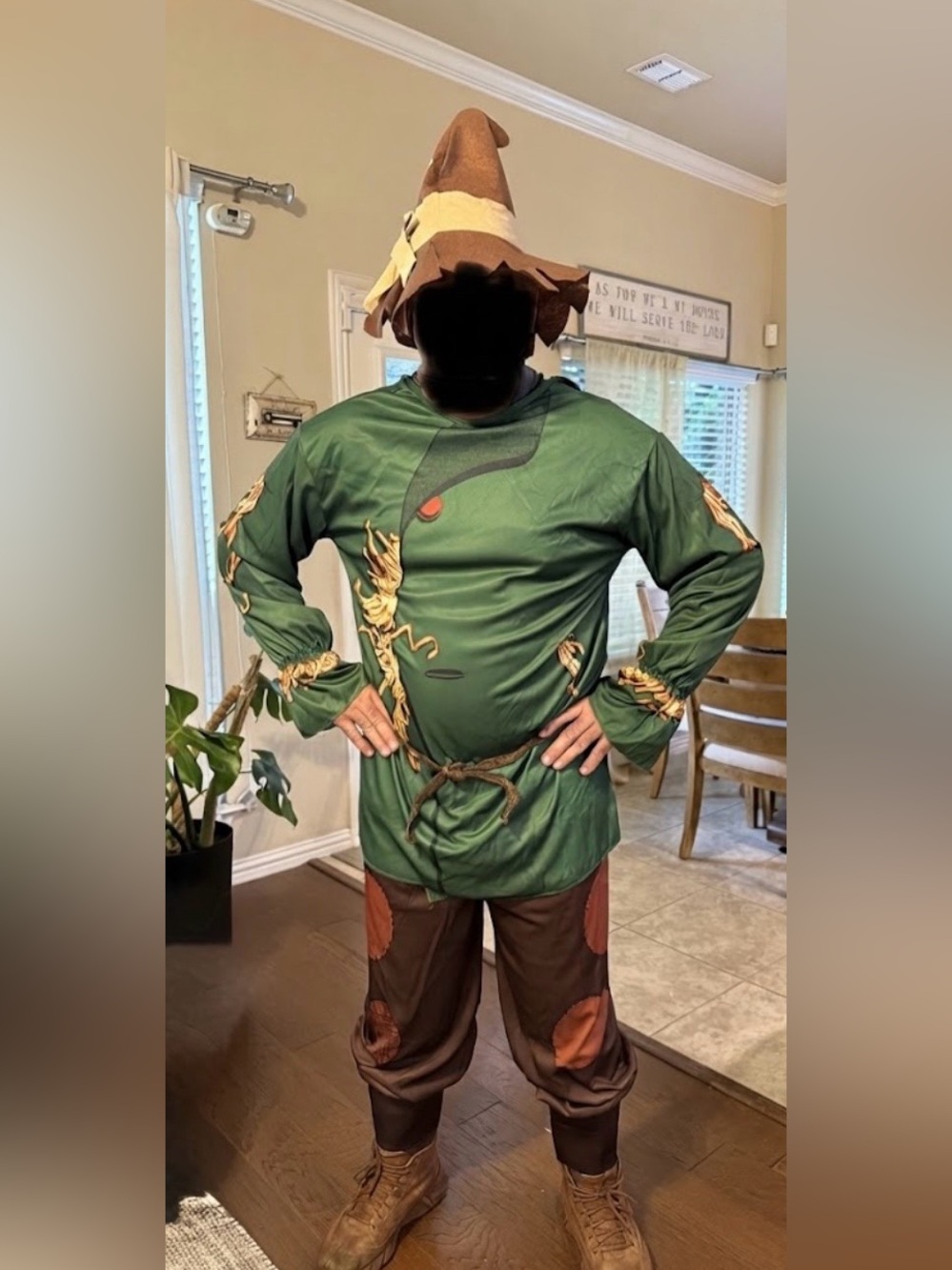 Men's Adult Scarecrow Costume Set -Green Tunic, Brown Pants,and Hat Sz Medium